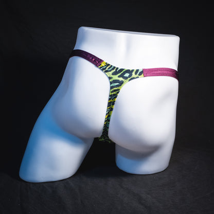 Men's green leopard with purple straps thong underwear, classic cut, Full rear view