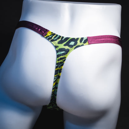 Men's green leopard with purple straps thong underwear, classic cut, Rear view