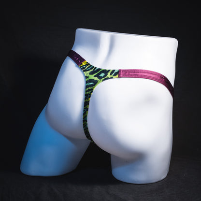 Men's green leopard with purple straps thong underwear, classic cut, Full rear angled view