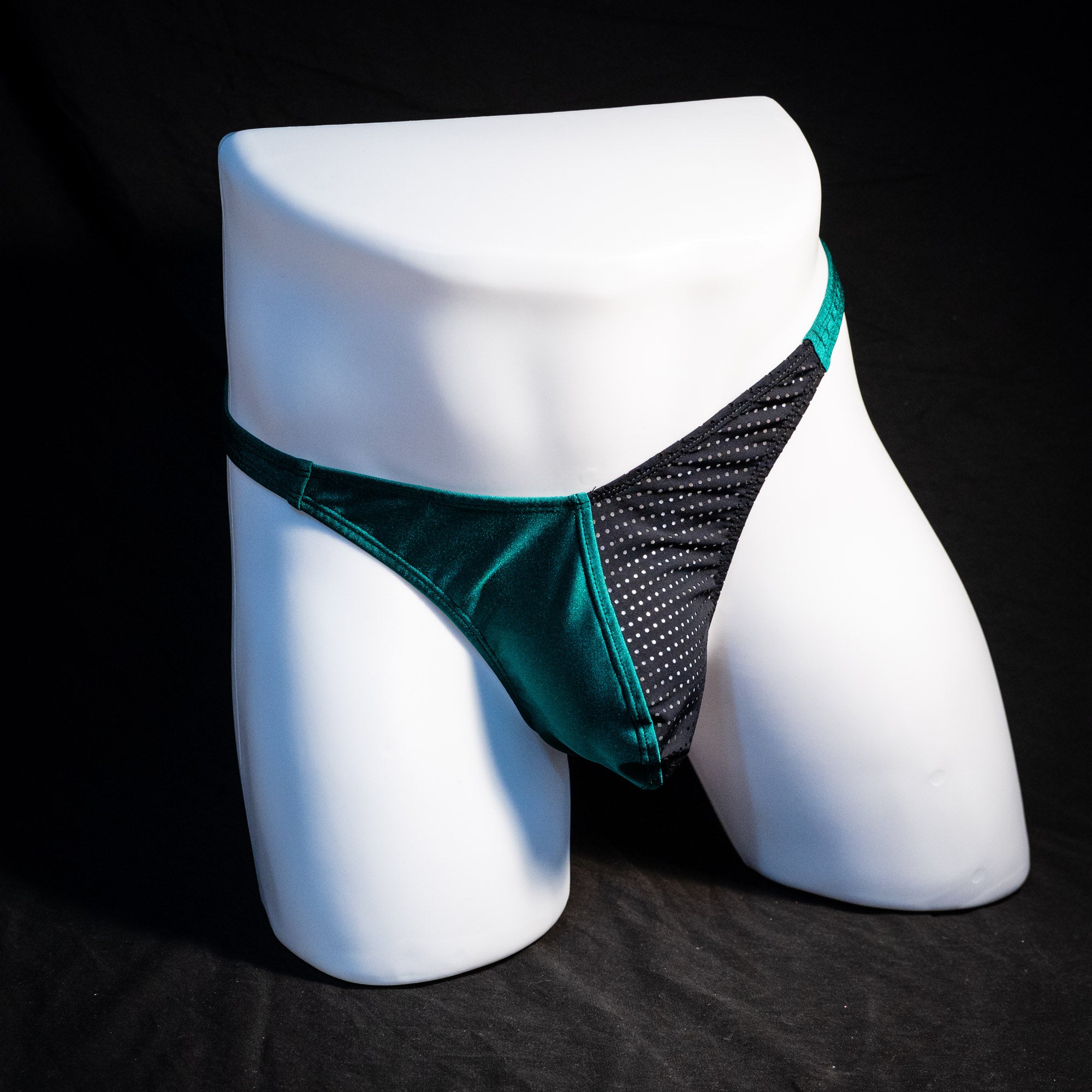 Men's mesh and forest green thong underwear, classic cut, Full front view