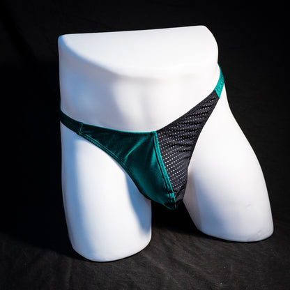 Men's mesh and forest green thong underwear, classic cut, Full front view