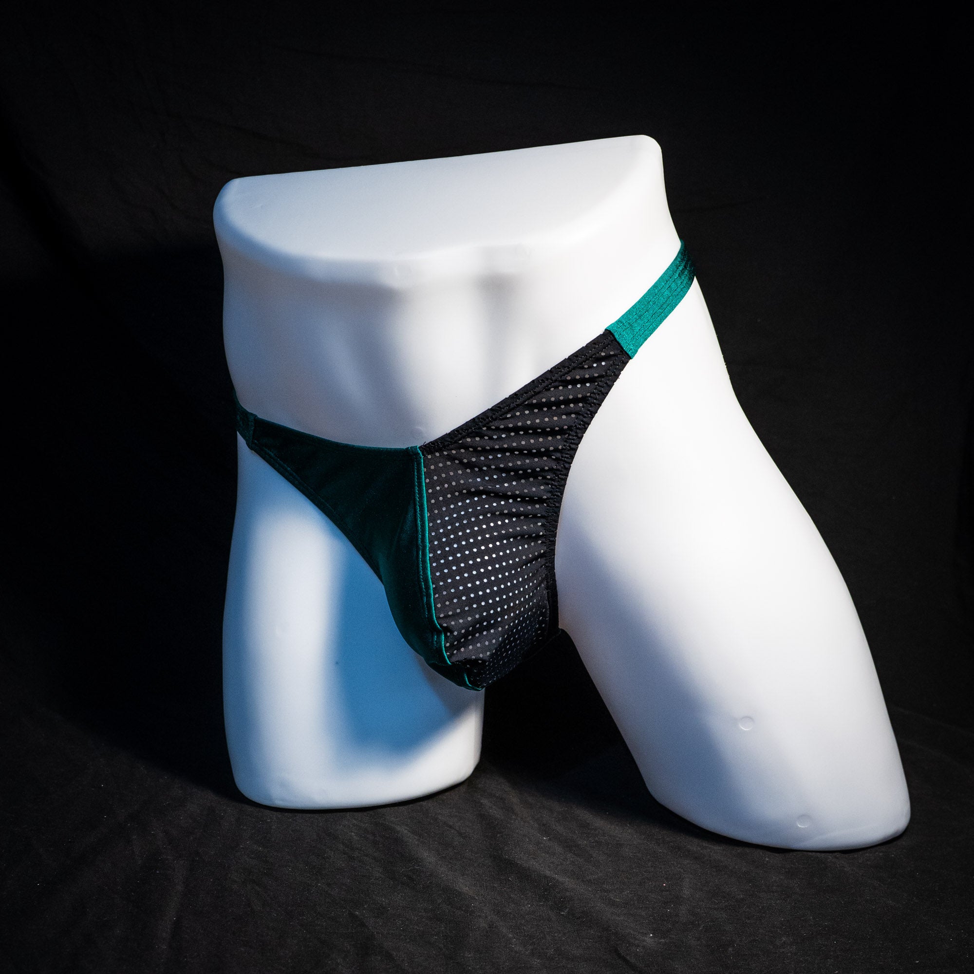 Men's mesh and forest green thong underwear, classic cut, Full angled front view