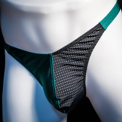 Men's mesh and forest green thong underwear, classic cut, Front angled view