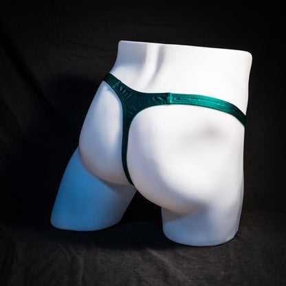 Men's mesh and forest green thong underwear, classic cut, Full angled rear view