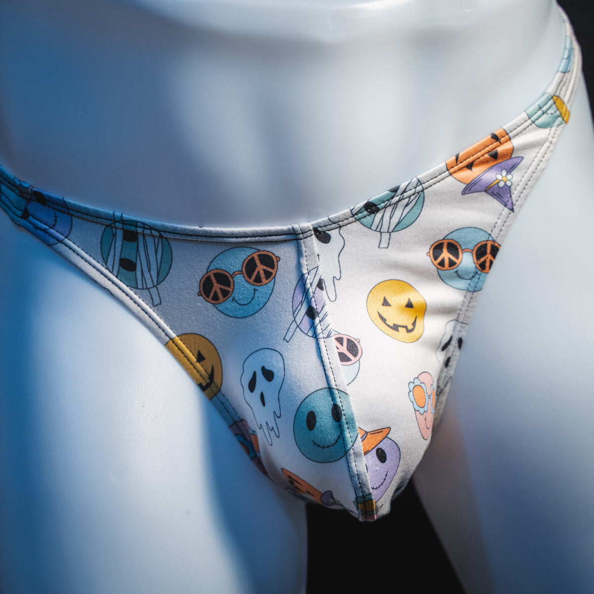 Men's Halloween pals thong underwear, classic cut, front view.