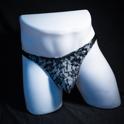 Men's lace print thong underwear, classic cut, Full front view