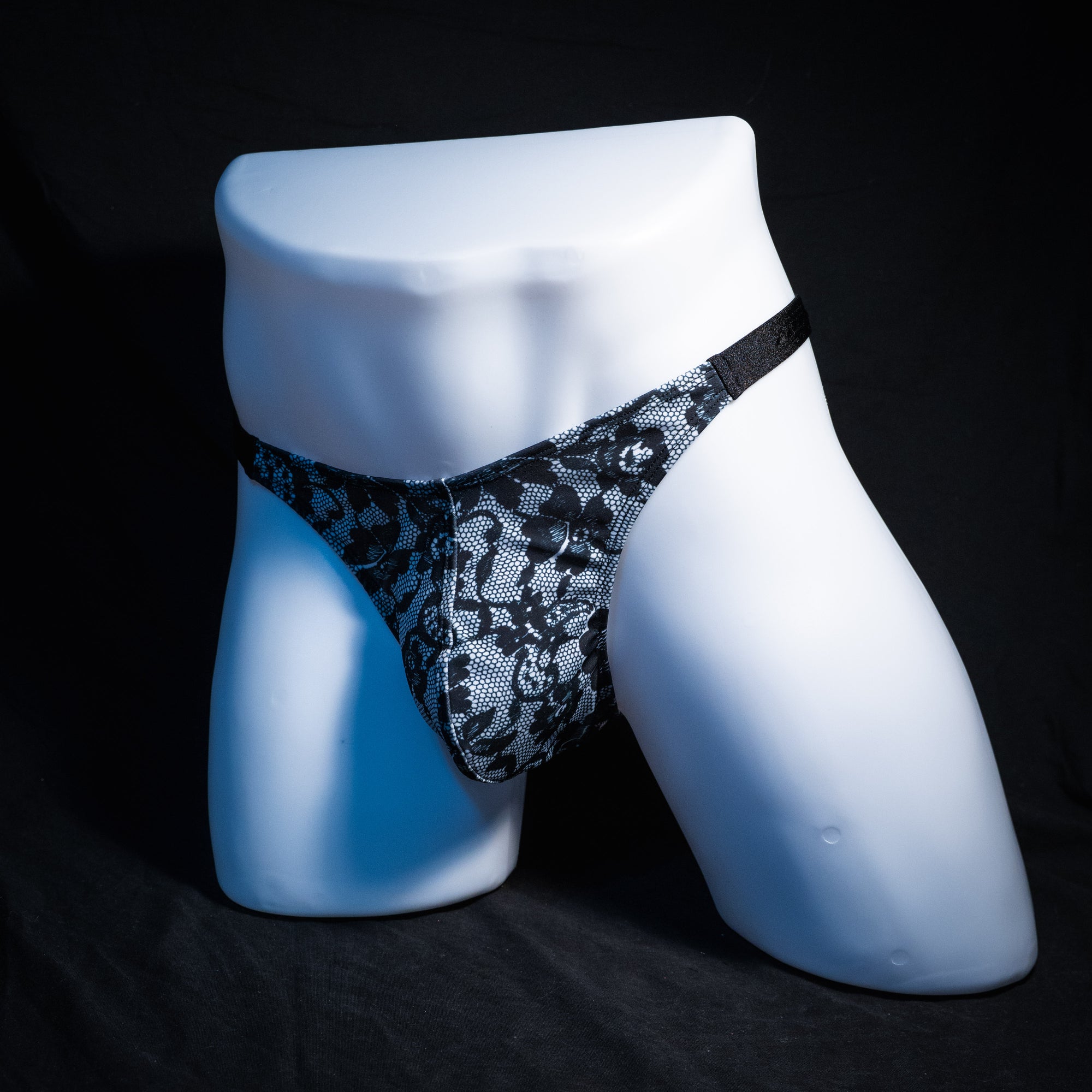 Men's lace print thong underwear, classic cut, Full front angled view