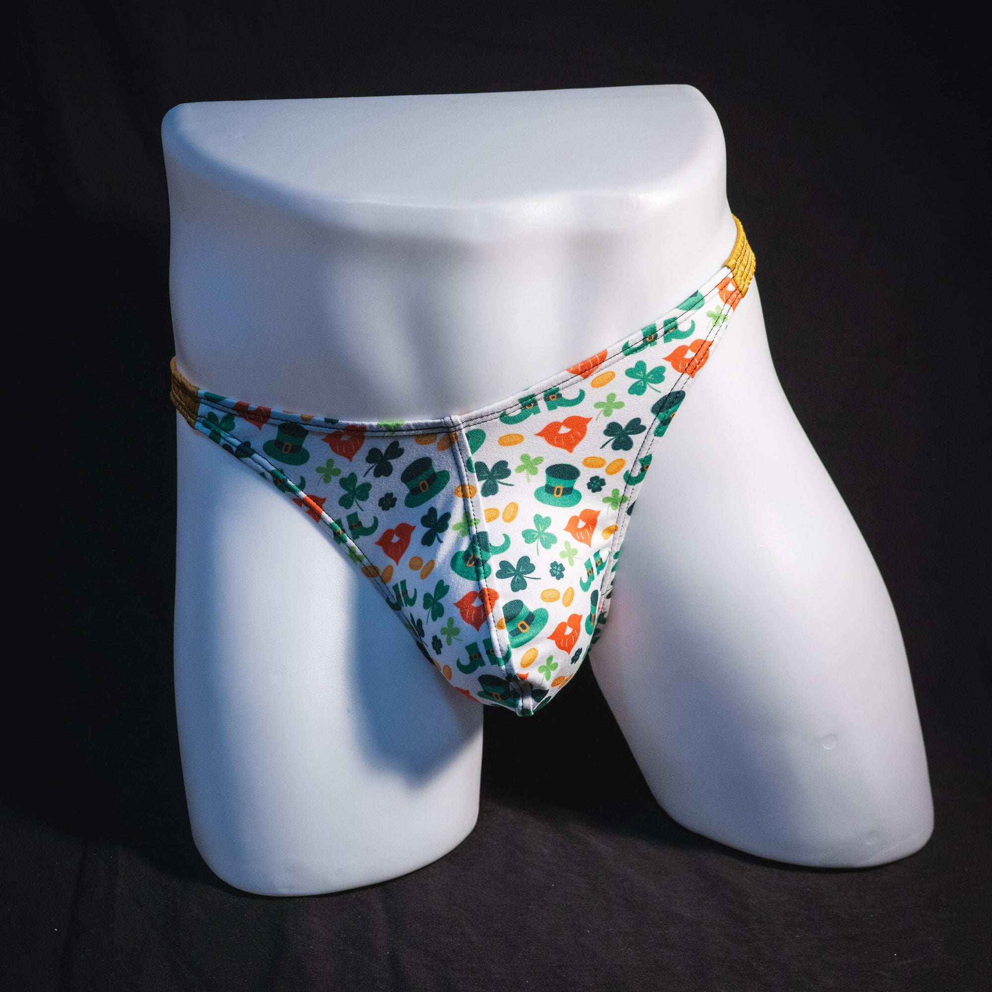 Men's St Patrick Day themed thong, underwear, classic cut, Full front view.