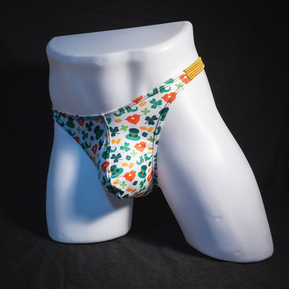 Men's St Patrick Day themed thong, underwear, classic cut, Full angled front view.