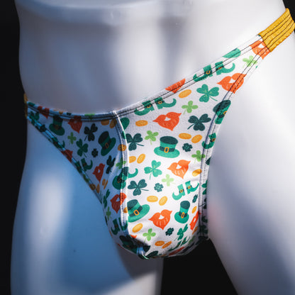 Men's St Patrick Day themed thong, underwear, classic cut, Angled front view.