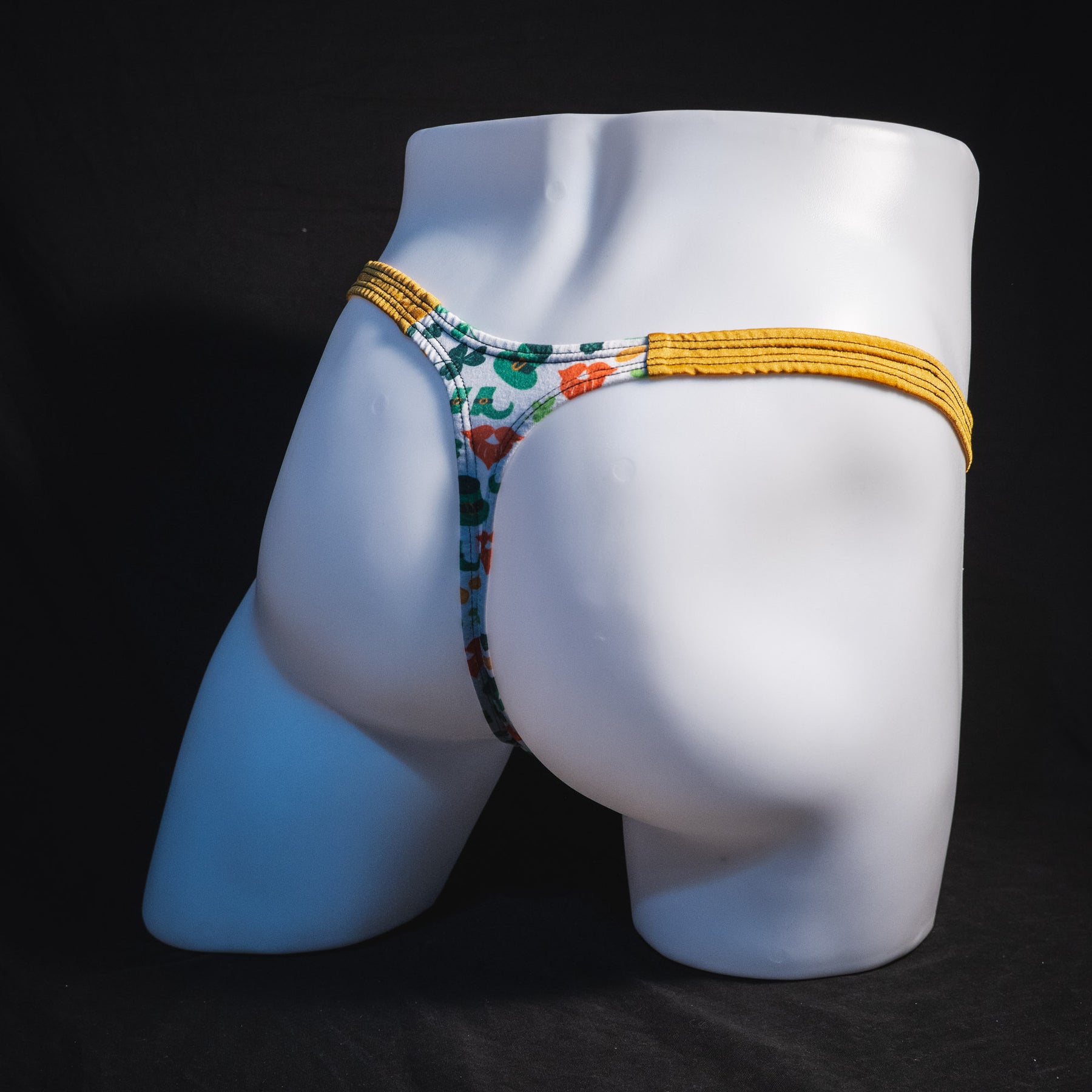 Men's St Patrick Day themed thong, underwear, classic cut, Full angled rear view.