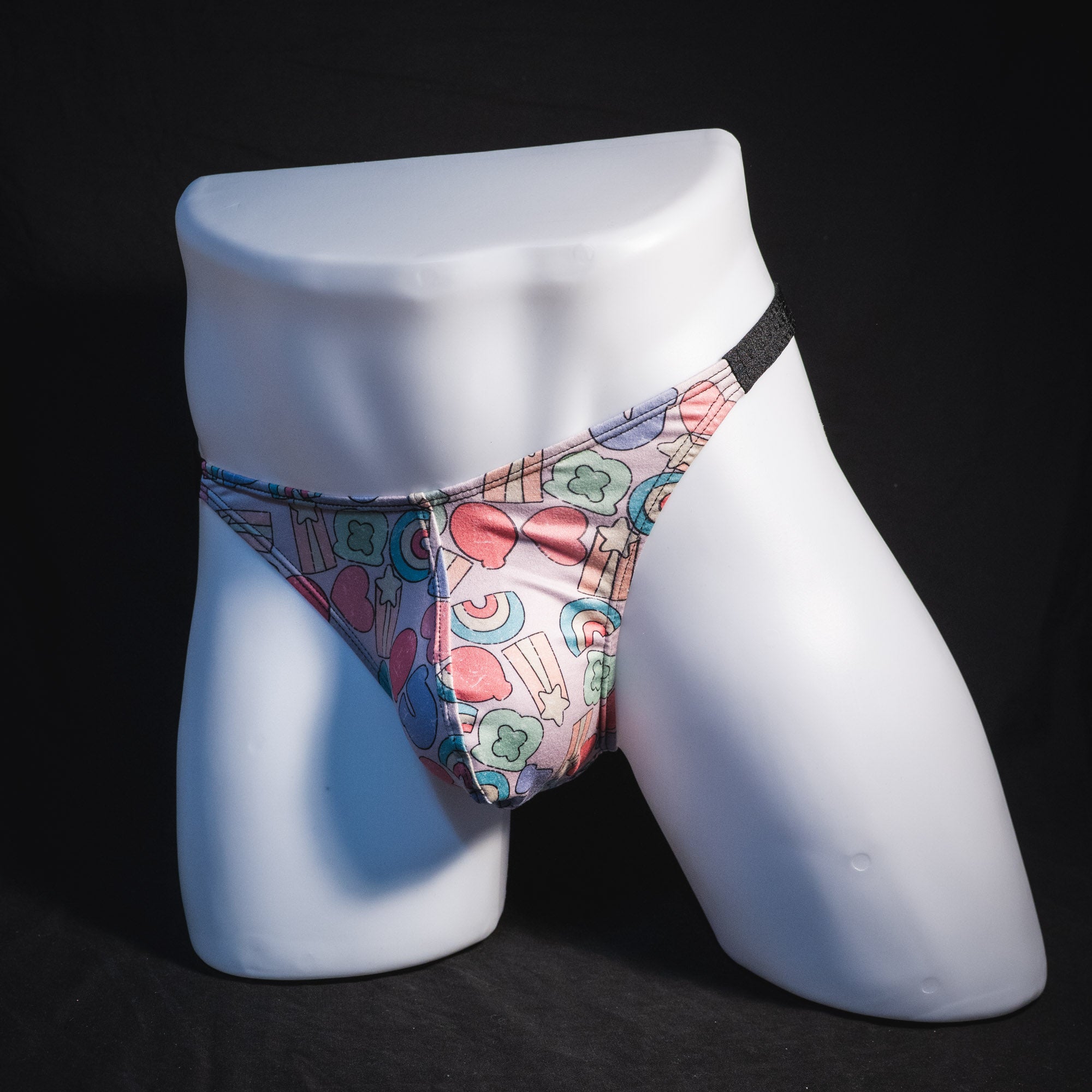 Men's Lucky Charms, thong underwear, classic cut, Full angled front view.