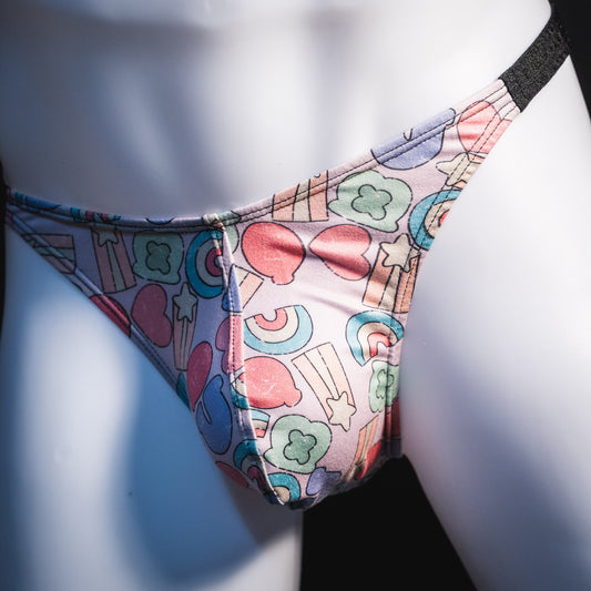 Men's Lucky Charms, thong underwear, classic cut, Angled front view.