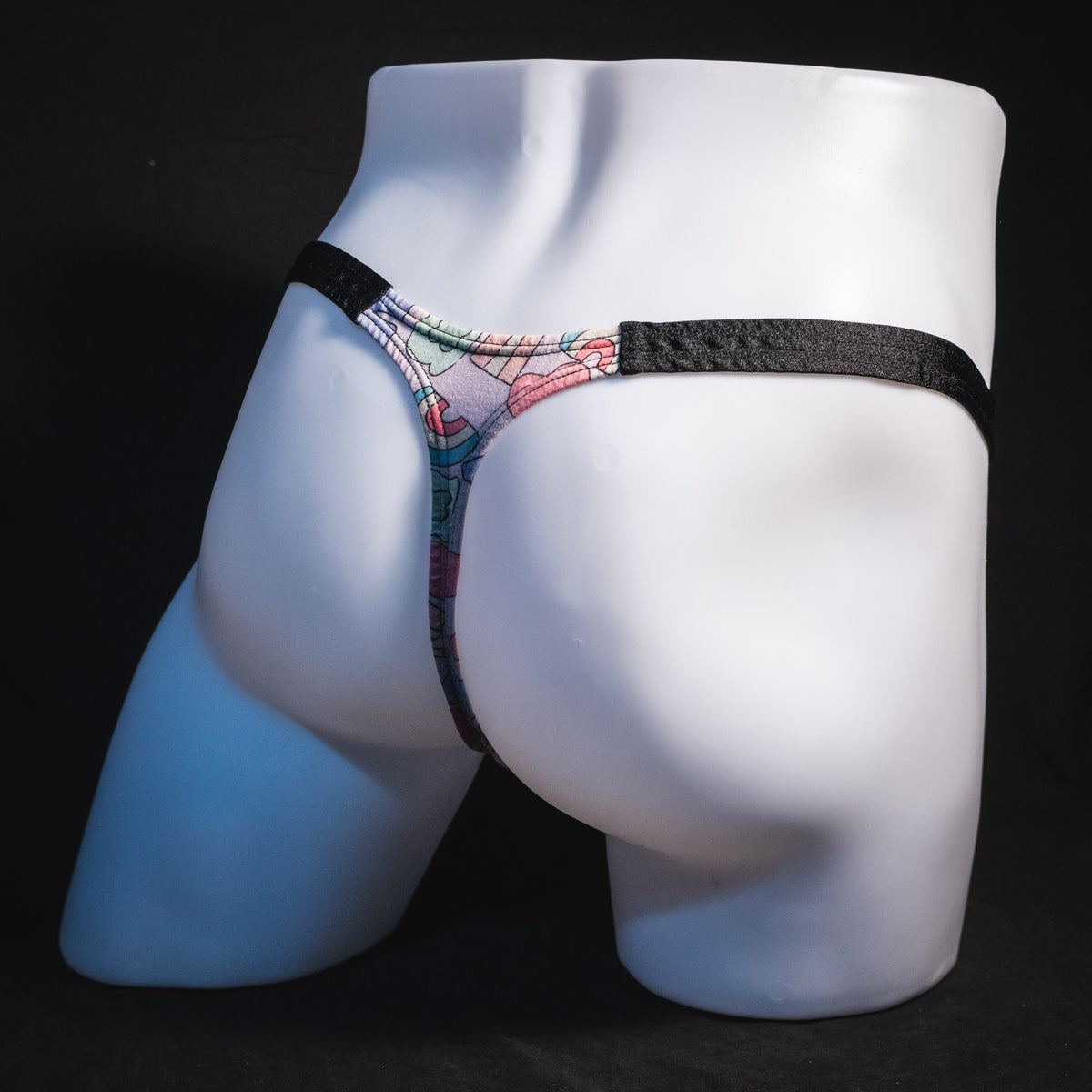 Men's Lucky Charms, thong underwear, classic cut, Full angled rear view.