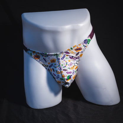 Men's Mardi Gras themed thong underwear, classic cut, Full front view