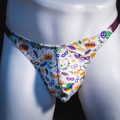 Men's Mardi Gras themed thong underwear, classic cut, Front view
