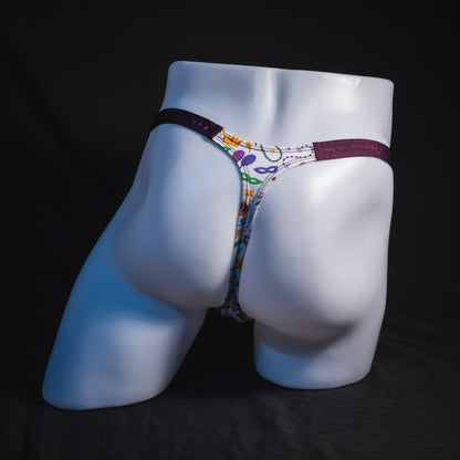 Men's Mardi Gras themed thong underwear, classic cut, full rear view
