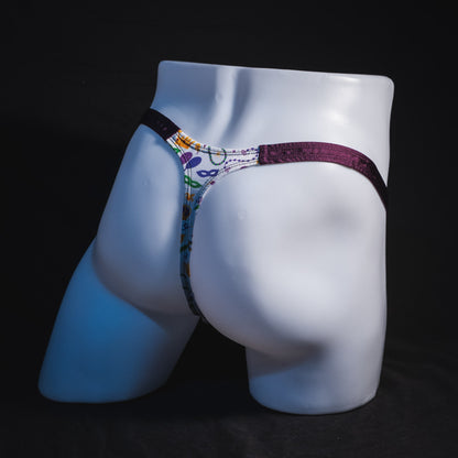 Men's Mardi Gras themed thong underwear, classic cut, Full angled rear view