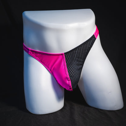Men's bright pink and black mesh thong underwear, classic cut, full front view.