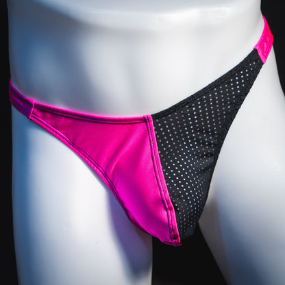 Men's bright pink and black mesh thong underwear, classic cut, front view.