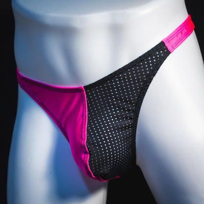Men's bright pink and black mesh thong underwear, classic cut, angled front view.