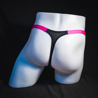 Men's bright pink and black mesh thong underwear, classic cut, full rear view.