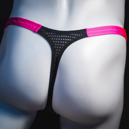Men's bright pink and black mesh thong underwear, classic cut, rear view.