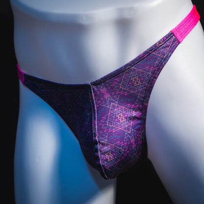 Men's pink and purple thong underwear, classic cut, angled front view.