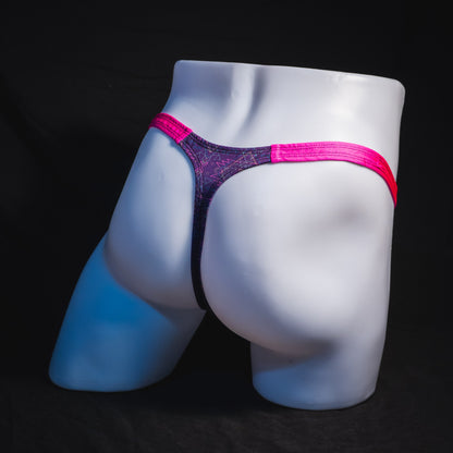 Men's pink and purple thong underwear, classic cut, full angled rear view.