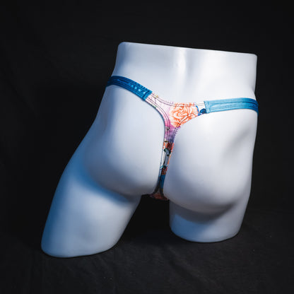 Men's pink floral with skulls and blue straps thong underwear, classic cut, Full rear view