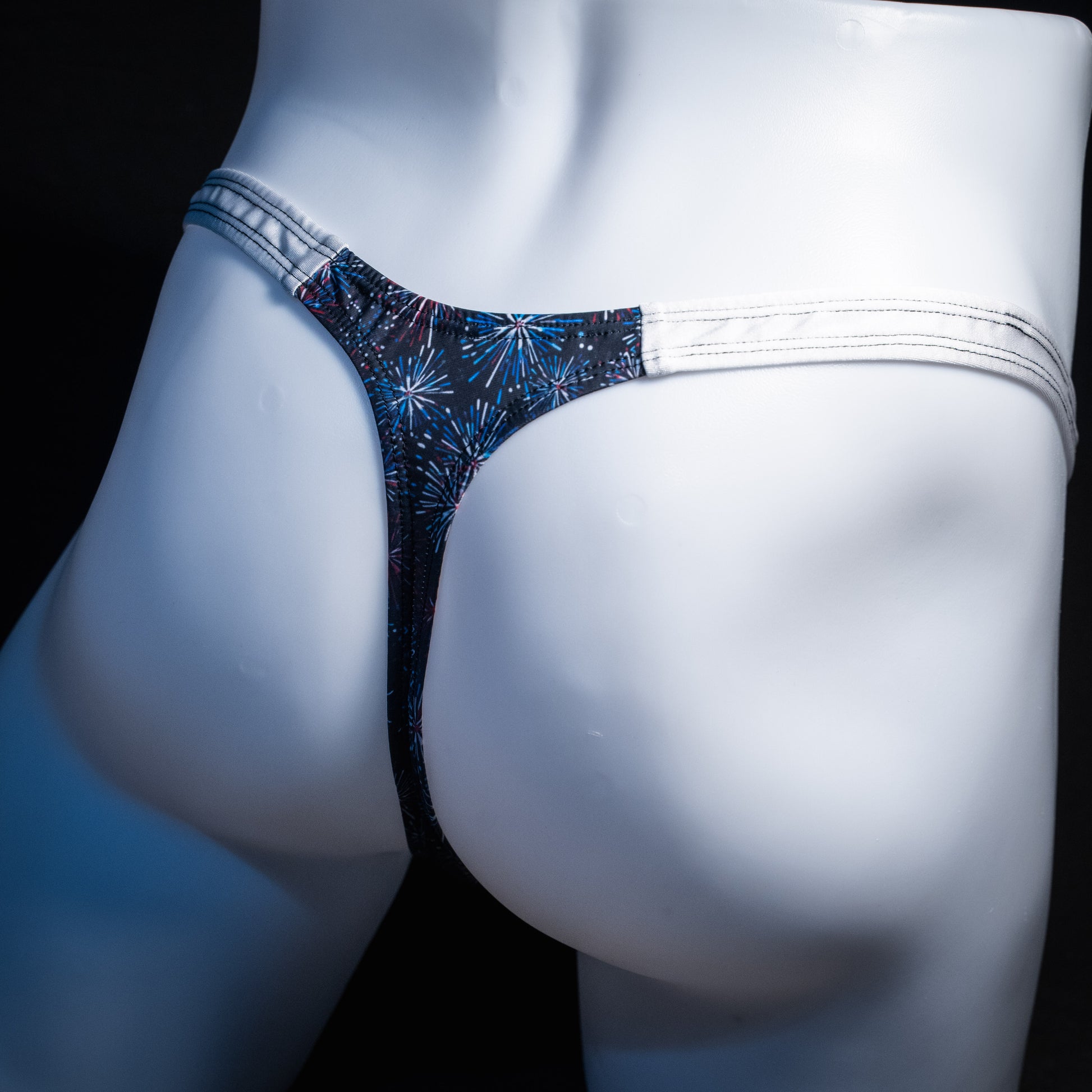 Men's red white and blue fireworks thong underwear, classic cut, Rear view