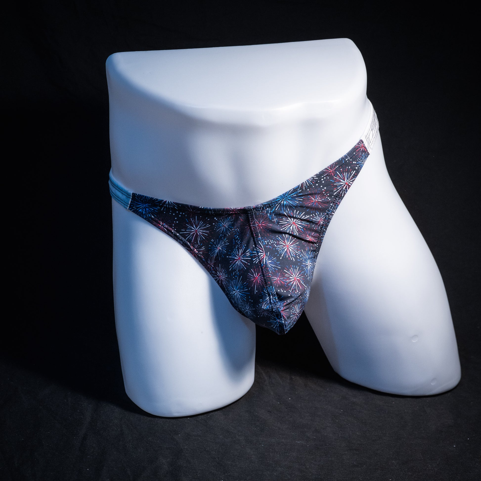 Men's red white and blue fireworks thong underwear, classic cut, Front view