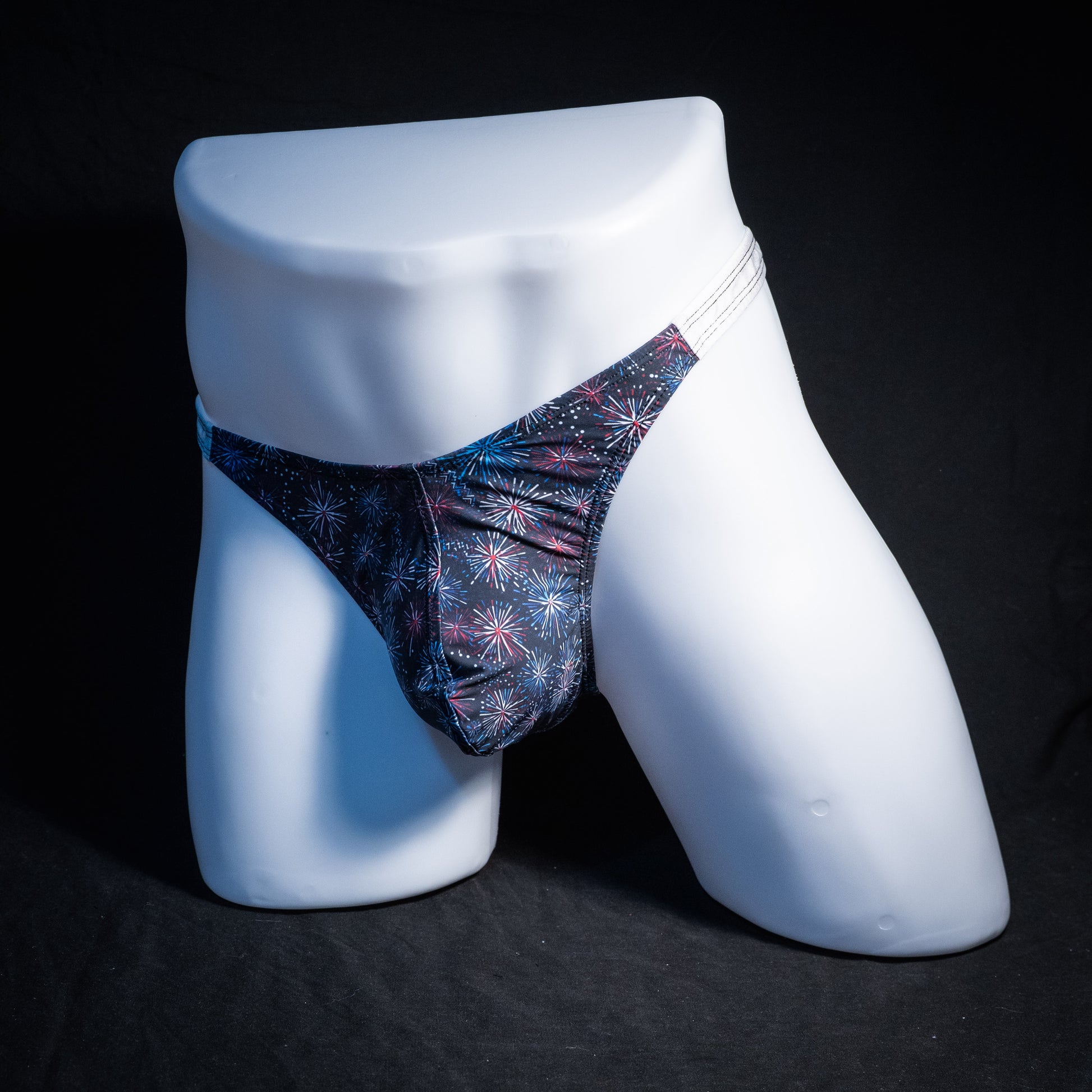 Men's red white and blue fireworks thong underwear, classic cut, Front view