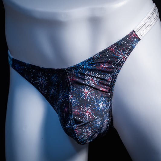 Men's red white and blue fireworks thong underwear, classic cut, Front view