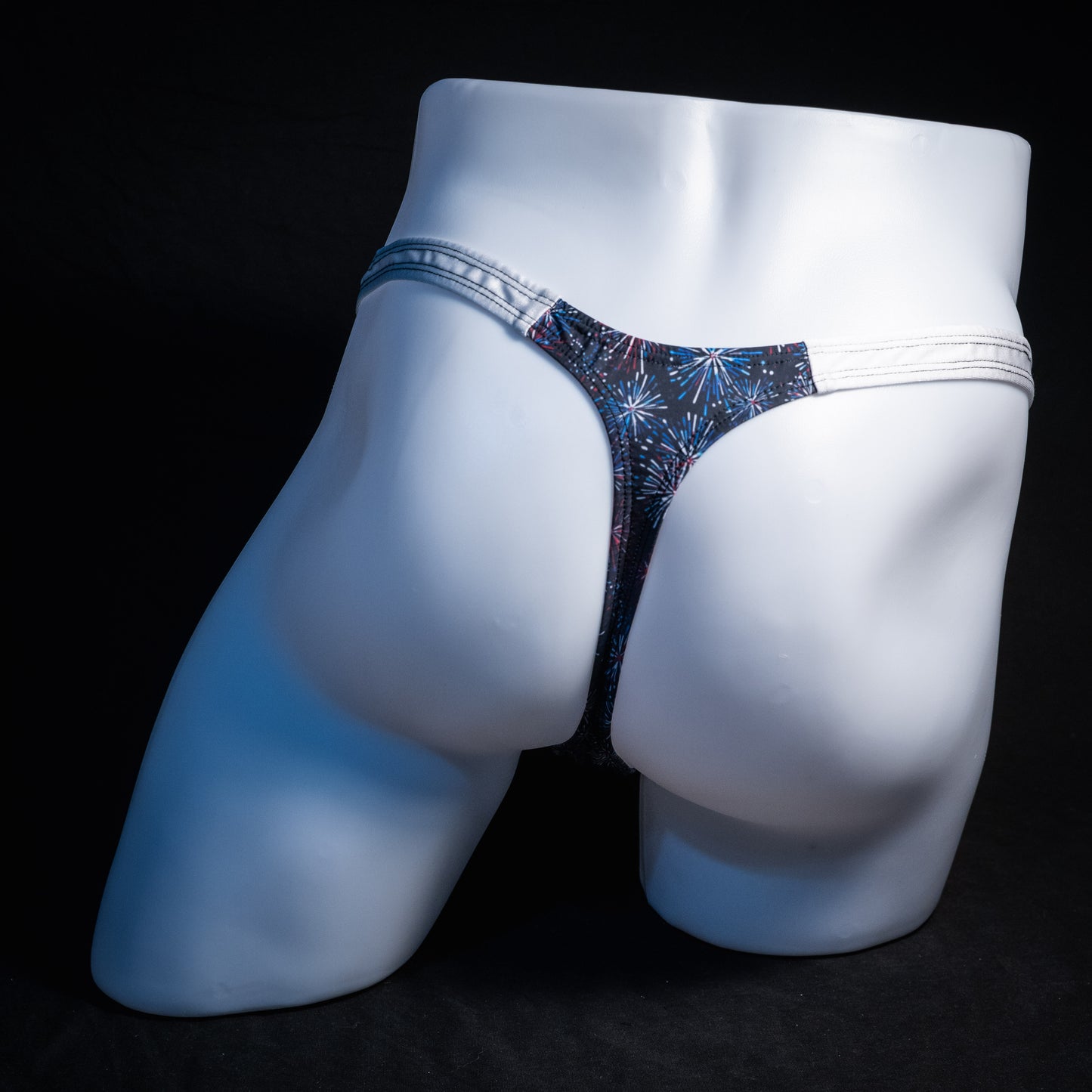 Men's red white and blue fireworks thong underwear, classic cut, Rear view