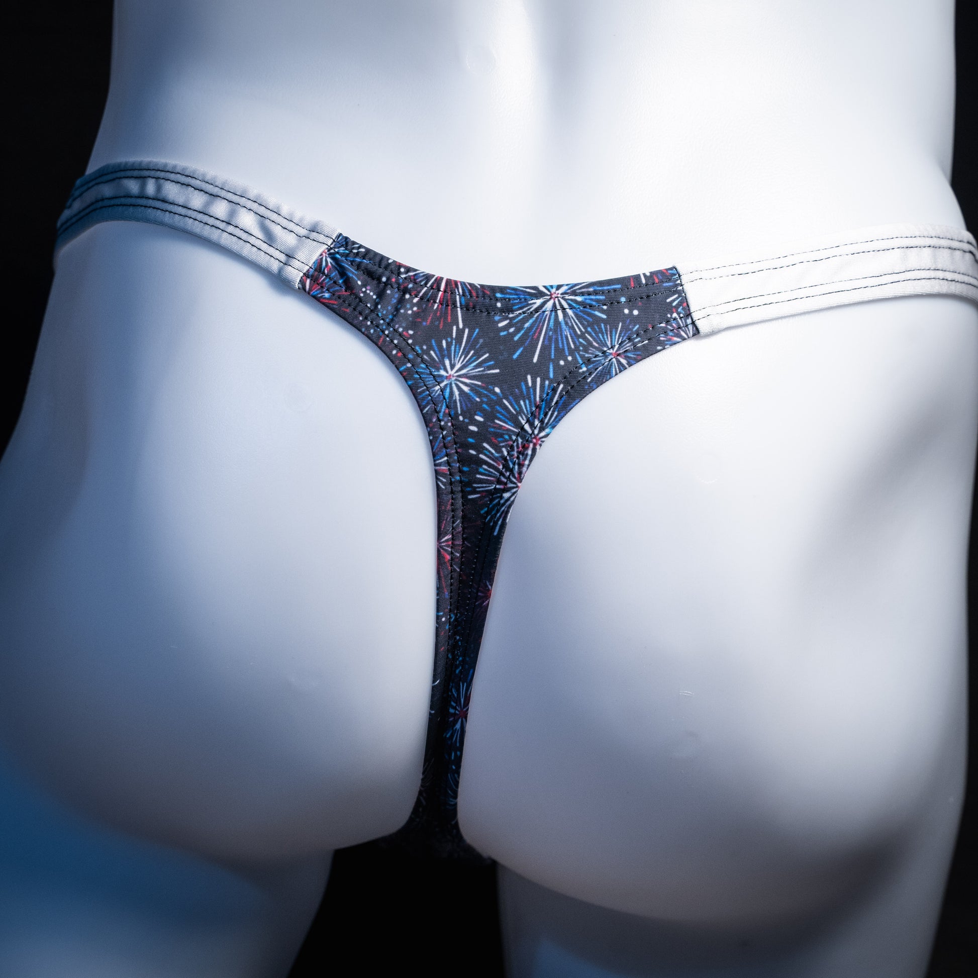 Men's red white and blue fireworks thong underwear, classic cut, Rear view