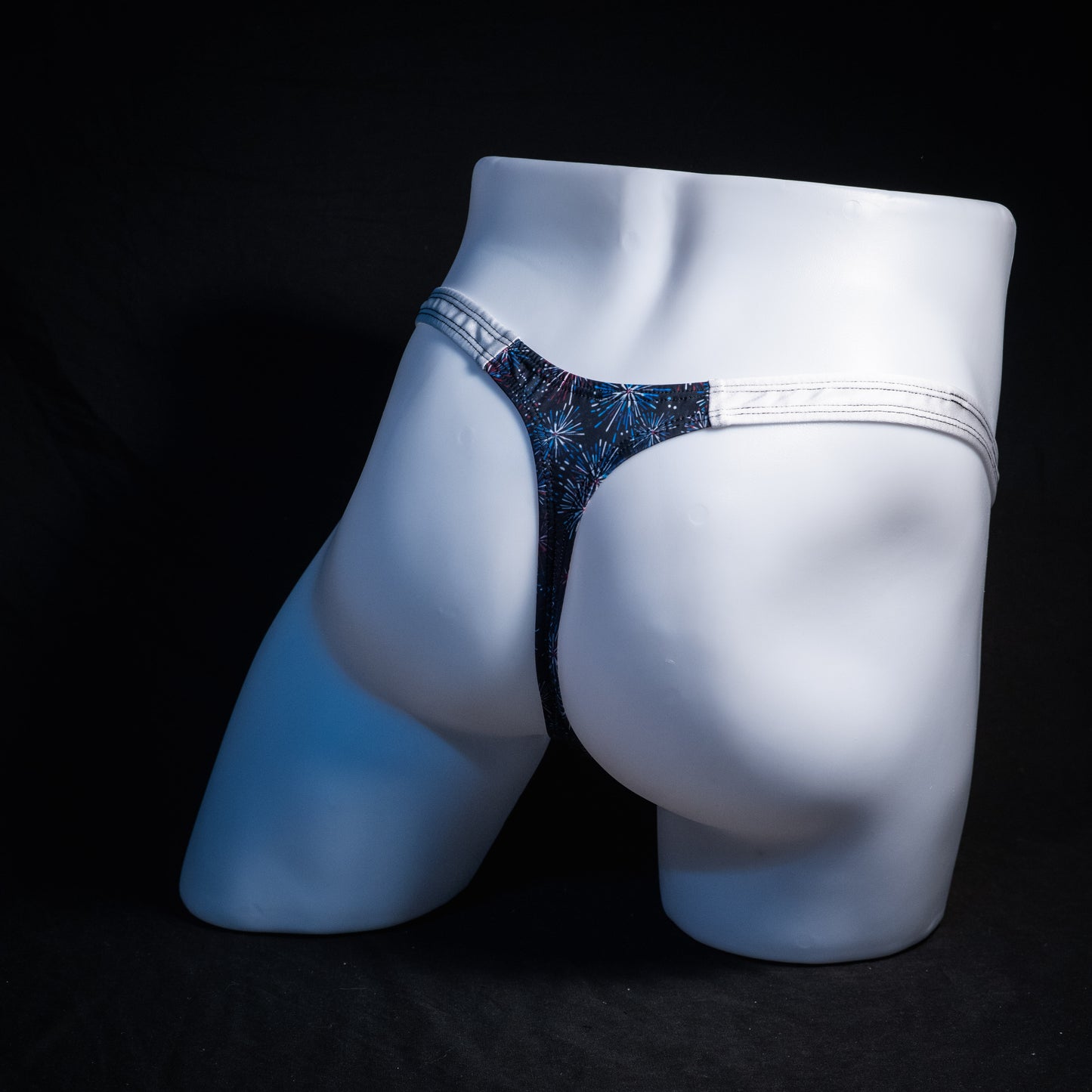 Men's red white and blue fireworks thong underwear, classic cut, Rear view