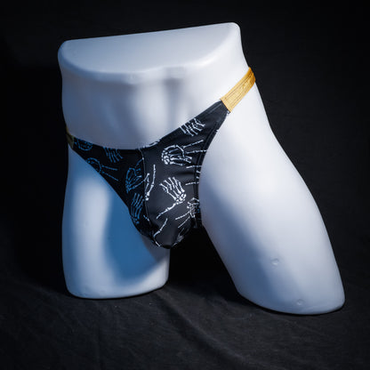Men's skeleton hands thong underwear, classic cut, Full front angled view