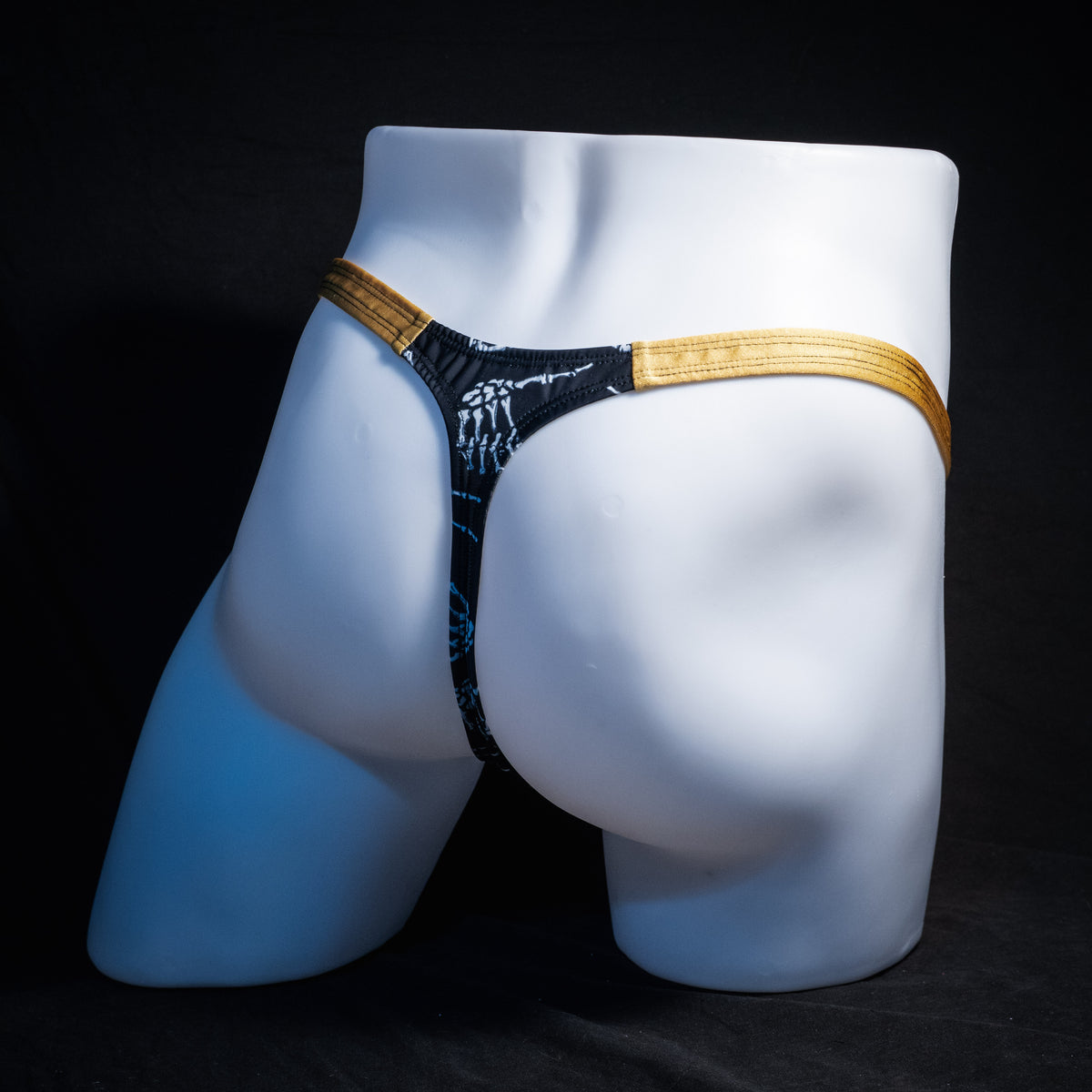 Men's skeleton hands thong underwear, classic cut, Full angled rear view