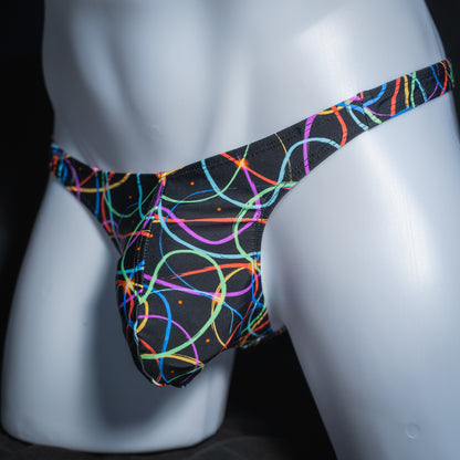 Men's colorful lines thong, classic cut, angled front view.