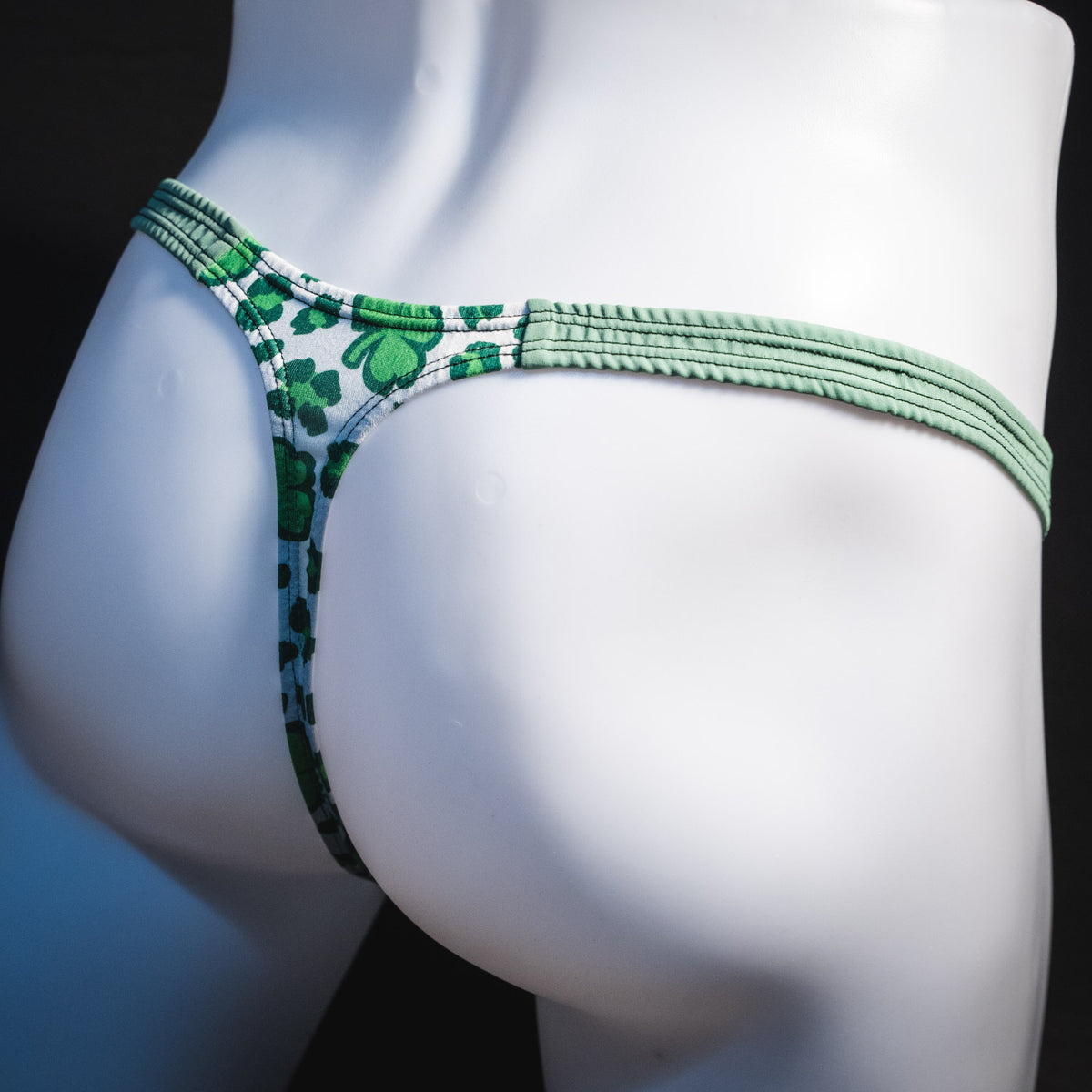 Men's St Patrick's day thong underwear, classic cut, Angled rear view.