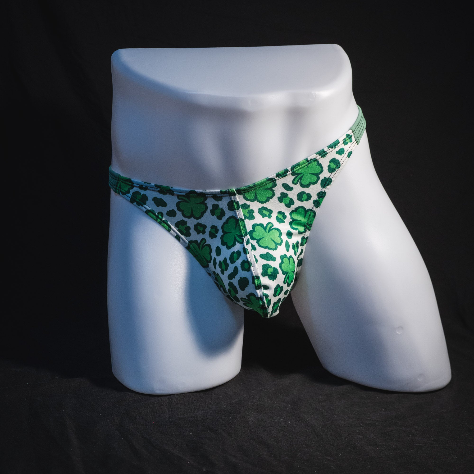 Men's St Patrick's day thong underwear, classic cut, Full front view.