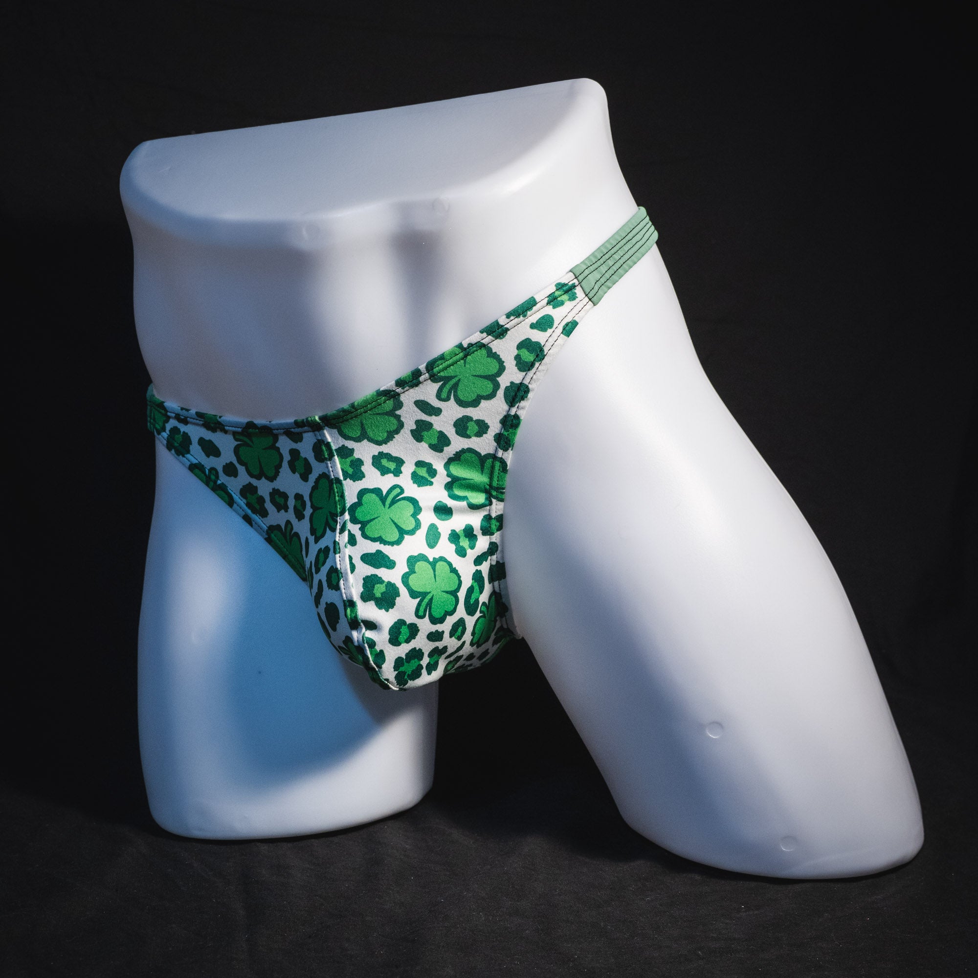 Men's St Patrick's day thong underwear, classic cut, Full angled front view.