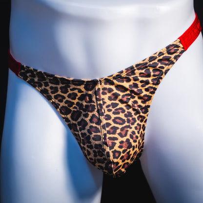 Men's cheetah print thong with red waistband, classic cut, front view.