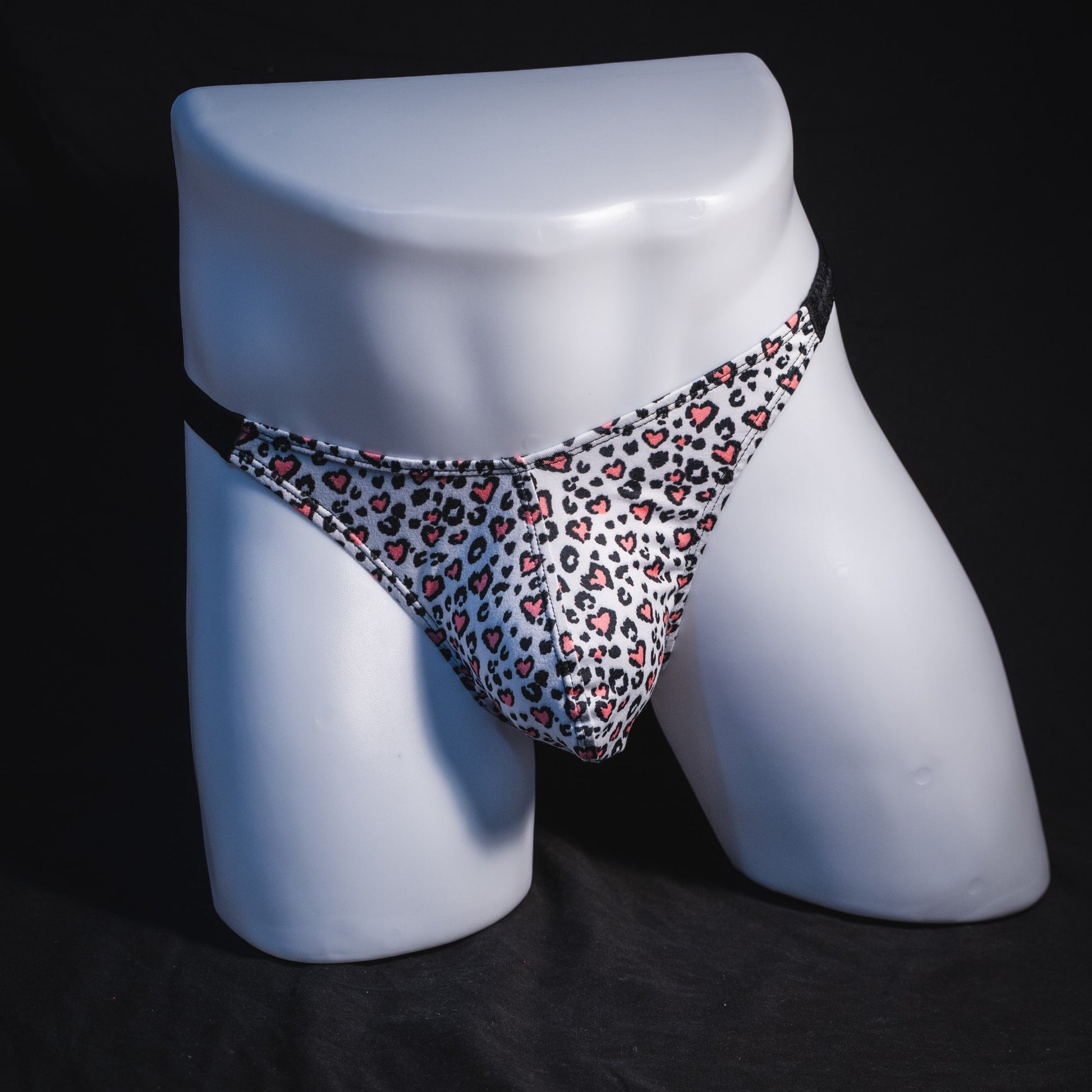 Men's white cheetah with pink hearts thong underwear, classic cut, full front view