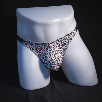 Men's white cheetah with pink hearts thong underwear, classic cut, full front view