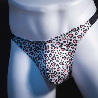 Men's white cheetah with pink hearts thong underwear, classic cut, Front angled view