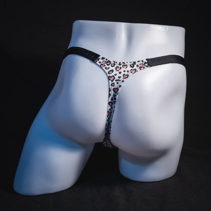 Men's white cheetah with pink hearts thong underwear, classic cut, Full rear view