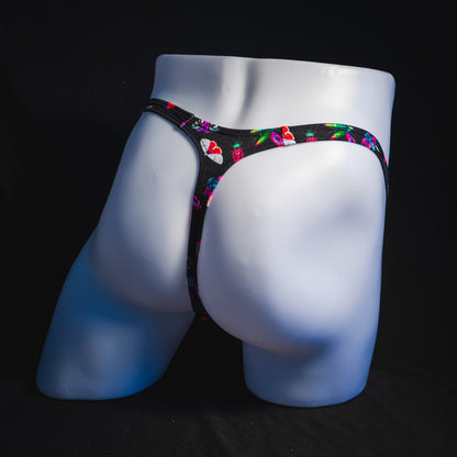 Men's black with pink insects thong underwear, Classic cut, full angled rear view.