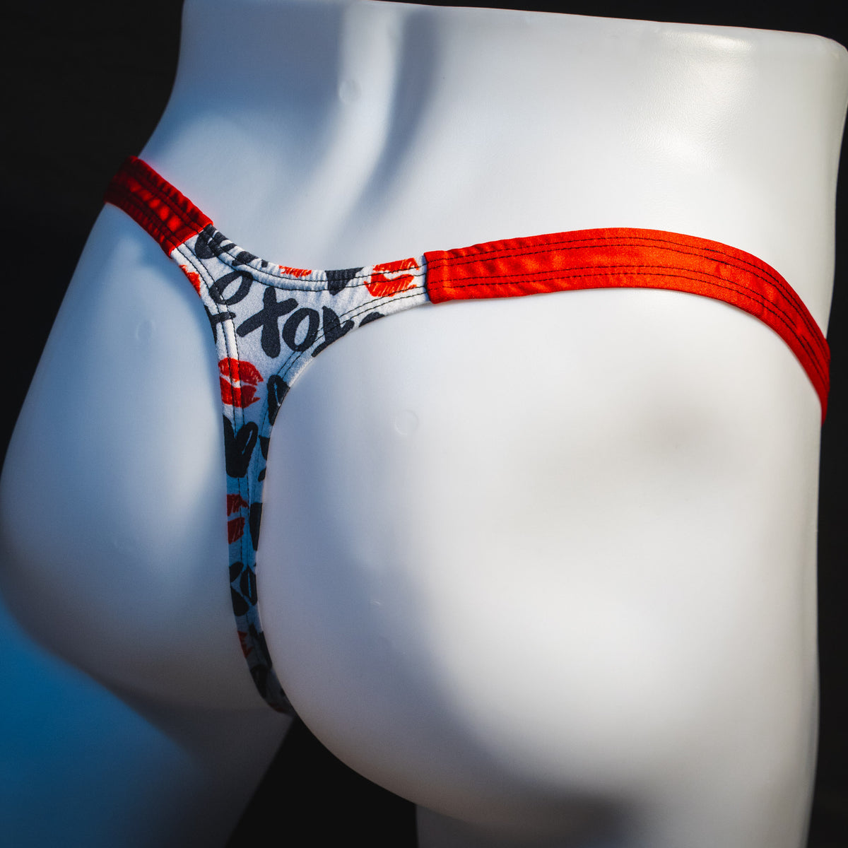 Men's red and Black Valentine's Day thong Underwear, Classic Cut, angled rear view